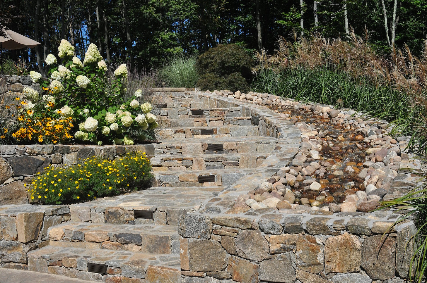 Water feature detail with controlled stonework and clean edge transitions